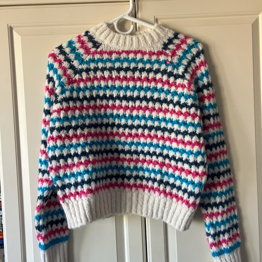 Zara Cream Crewneck Sweater with Pink, Teal & Navy Fair Isle Stripes